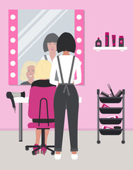 Hairdresser at the workplace in a hairdressing salon. There is also a young woman client in the hair salon. There is a table, a chair, mirror, hair dryer in the image. Vector illustration