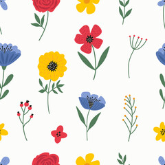 Seamless colorful floral pattern with wild flowers. Simple scandinavian style. Vector illustration