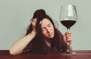 A young girl in a plaid shirt with tousled hair sits at a wooden table and holds a large glass of red wine. Concept of alcohol abuse, headache, alcoholism, hangover, loneliness and depression.