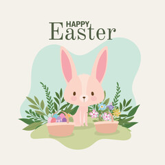 happy easter lettering with one cute pink bunny and one basket full of easter eggs
