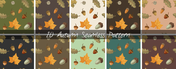 Set of 10 Autumn Season Leaves, Acorns and Cones Seamless Pattern