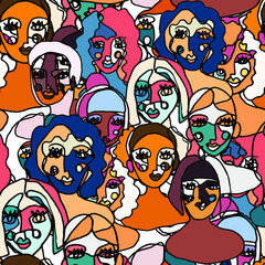 Creative seamless pattern with abstract female portraits. Continuous line drawing. Colorful line art illustration with women. International women's day.