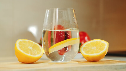 Close-up shot of glass with water between two part of cut lemon on wooden kitchen board.