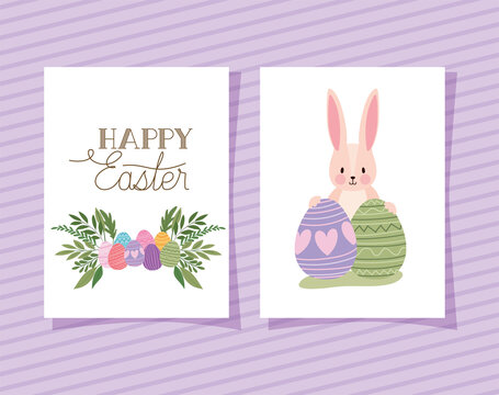 invitation with happy easter lettering and two pink rabbits with easter eggs on a purple background