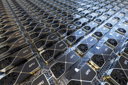 An array of computer graphics cards on a Printed Circuit Board.3d illustration.