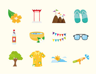 bundle of twelve songkran festival set icons vector illustration design