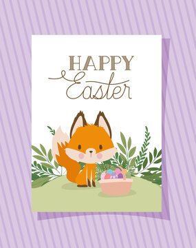 invitation with happy easter lettering with one cute fox and one basket full of easter eggs