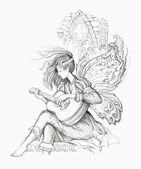 Fototapeta na wymiar Fairy of music. Fantasy portrait of beautiful girl from medieval legend playing guitar. Pencil drawing. Black and white illustration. Print for fabric or tattoo.
