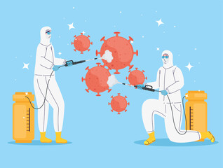 workers with biohazard suits disinfecting and covid19 particles vector illustration design