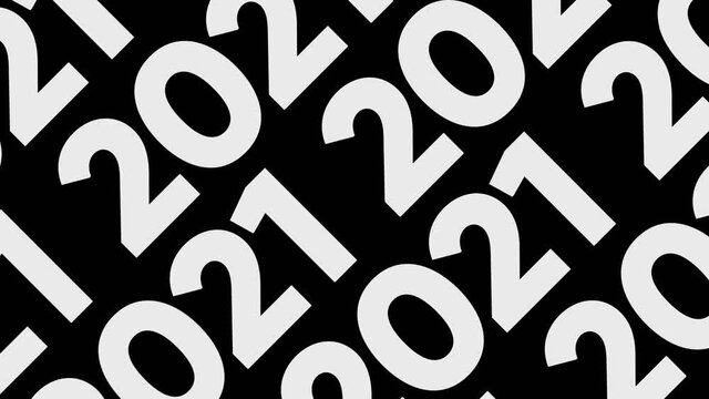 Abstract white rows of digits 2021 moving diagonally into the same direction. Animation. Monochrome numbers on black background, seamless loop.
