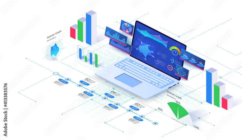 Poster application ux financial analytic and business infographic elements on screen laptop. budget account