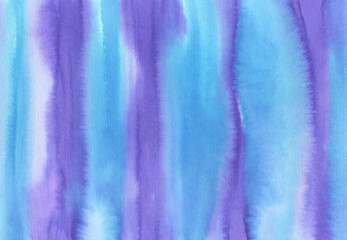 Water color background with bright violet and turquoise blue artistic stripes. Beautiful original backdrop for design, banner, poster, card, print, web site. Hand drawn watercolour graphic drawing.