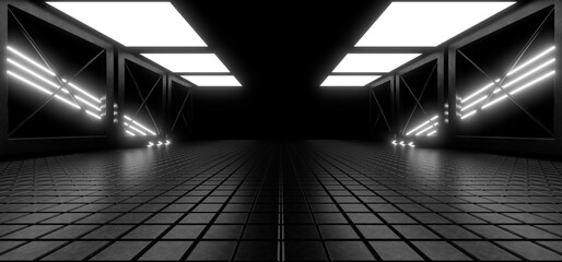 Sci Fy neon lamps in a dark tunnel. Reflections on the floor and walls. 3d rendering image.