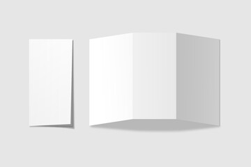 Realistic blank DL trifold brochure for mockup. Paper illustration. 3D Render.