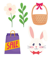 happy easter season sale poster with shopping bag set icons vector illustration design