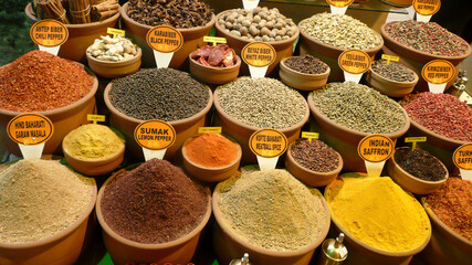 Jars of spices, with labels, in the market