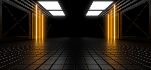 Sci Fy neon lamps in a dark tunnel. Reflections on the floor and walls. 3d rendering image.