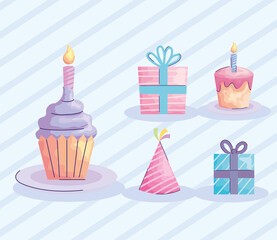 happy birthday cupcake with set icons acuarela style vector illustration design