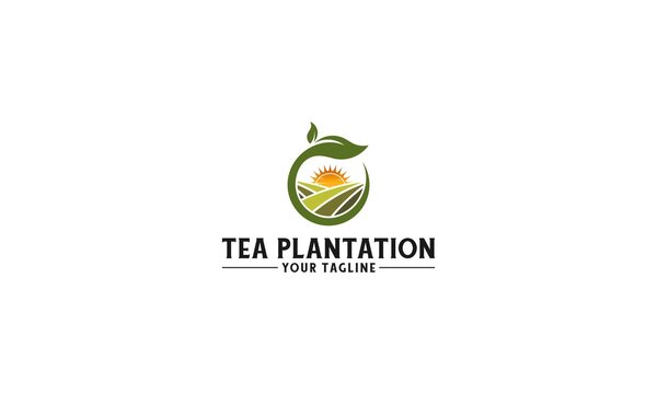 logo for tea plantation with circular tea logo and tea plantation