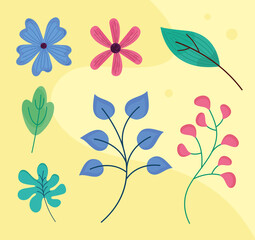 bundle of seven spring flowers with leafs vector illustration design