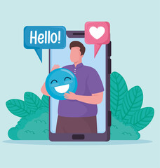 man in smartphone with social media icons vector illustration design