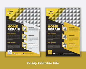 Real Estate home repair flyer template with blue & orange elements.