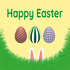 For Easter, 3 eggs and protruding bunny ears. Spring color palette. Happy Easter colorful greeting card.