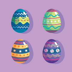 happy easter celebration bundle of four eggs vector illustration design