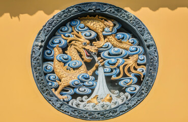 China, Shanghai. Jade Buddha Temple dragon bas-relief.