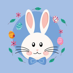 cute easter rabbit with bowtie head character and eggs painted around vector illustration design