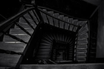 top view closeup view of empty wooden staircase in old house in Lviv city