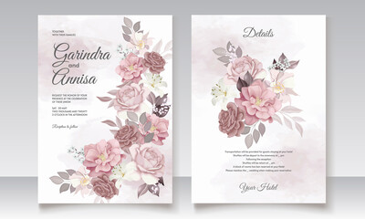 Brown wedding invitation template set with floral frame Premium Vector