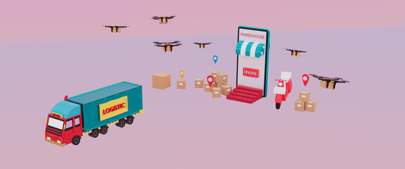 Online delivery smartphone concept,online order shopping,tracking logistic shipping on mobile with map and gps pin,fast transport truck,drone,motorcycle to customer,3d render illustration web banner