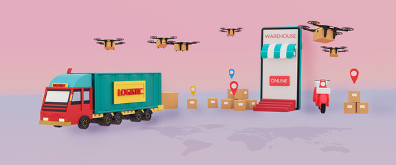 Online delivery smartphone concept,online order shopping,tracking logistic shipping on mobile with map and gps pin,fast transport truck,drone,motorcycle to customer,3d render illustration web banner