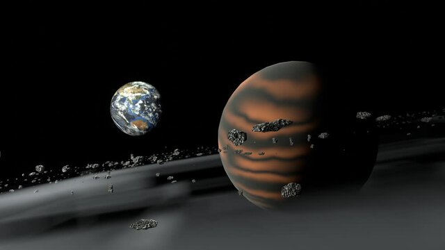 View of Earth and ring planet surrounded with rock and dust in Solar system. Outer space animation background