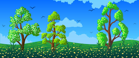 Spring vector illustration trees on meadow with flowers against a blue sky.