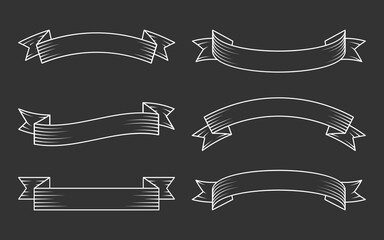 Old vintage white linear ribbons set. Retro decorative outline banner tape in engraving style. Different shape blank simple template tapes flag text price tag, sale label. Isolated vector illustration
