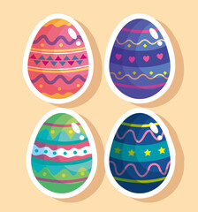 happy easter celebration bundle of four eggs painted vector illustration design