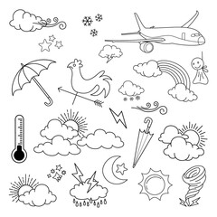 weather doodle vector set illustration with hand draw line art style vector, star, sun