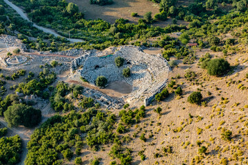 Aerial view of the amphitheater in the ancient city of Kaunos, Dalyan, Mugla, Turkey.