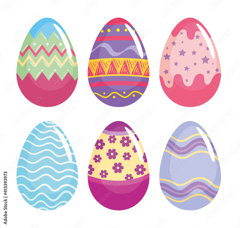 Wall mural happy easter six eggs painted set icons vector illustration design