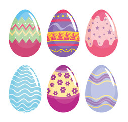 happy easter six eggs painted set icons vector illustration design