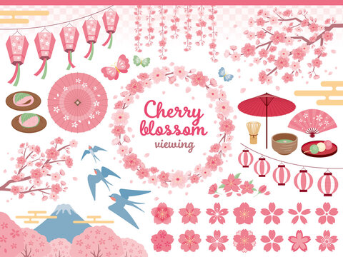 春　桜のお花見と茶会のイラストセット