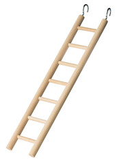 Wooden ladder or stairs with metal hooks. Step ladder on white isolated background. Bird parrot cage ladder. 