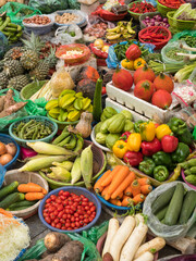 Vietnam, Hanoi, Old Quarter. A variety of fruits and vegetables for sale.