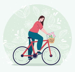 young woman in bicycle with flowers decoration in basket character vector illustration design