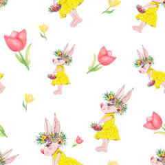 Obraz na płótnie Canvas Easter seamless pattern with watercolor, Easter bunny,