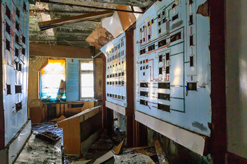 Ukraine, Pripyat, Chernobyl. Abandoned, ruined, computer machinery and wires. Control panels.