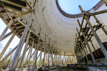Ukraine, Pripyat, Chernobyl. Inside the unfinished cooling tower for reactors 5 and 6 which were...