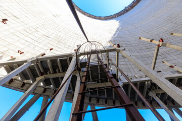 Ukraine, Pripyat, Chernobyl. Inside the unfinished cooling tower for reactors 5 and 6 which were...